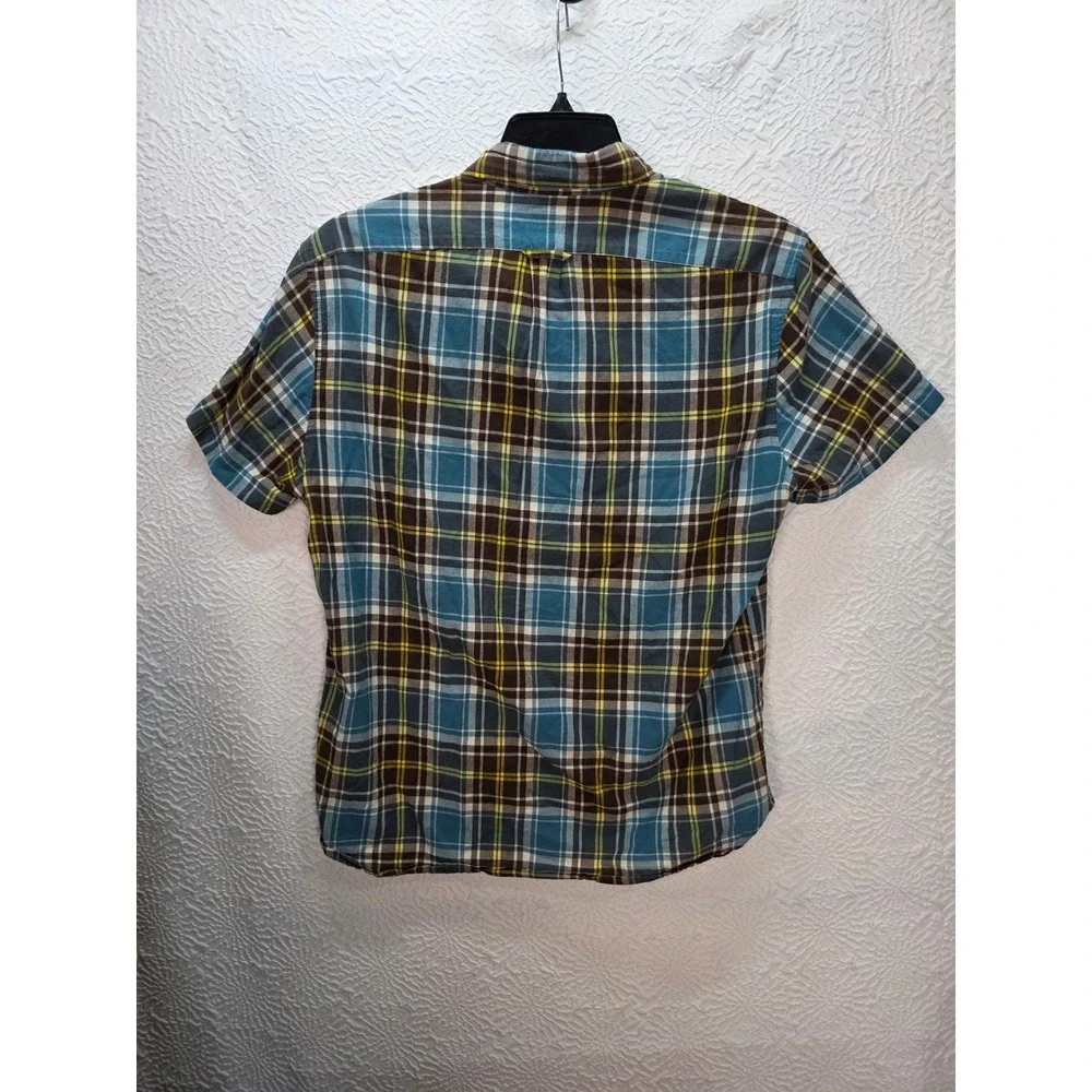 J. Crew Indian Madras Shirt Mens Large Blue Brown Plaid Good Short Sleeve Button